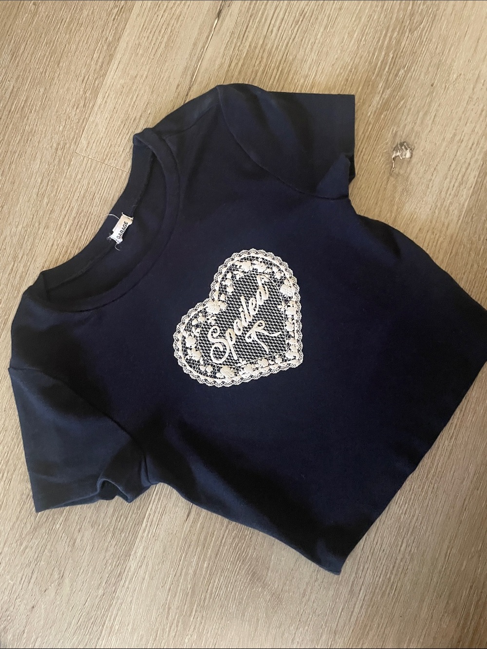 Garage Women’s Cropped Navy Short Sleeve Tee with Heart Lace Graphic